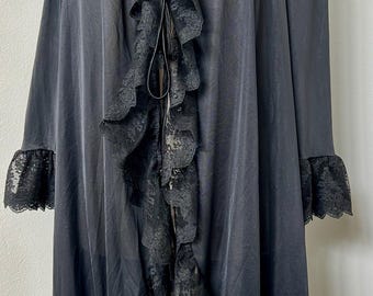 SELTENE Vintage 1960er Jahre Schwarze, durchsichtige Negligee-Robe, Claire Sandra für Lucie Ann BEverver Hills, offene Babydoll-Robe mit Schnürung, Flitterwochen-Dessous