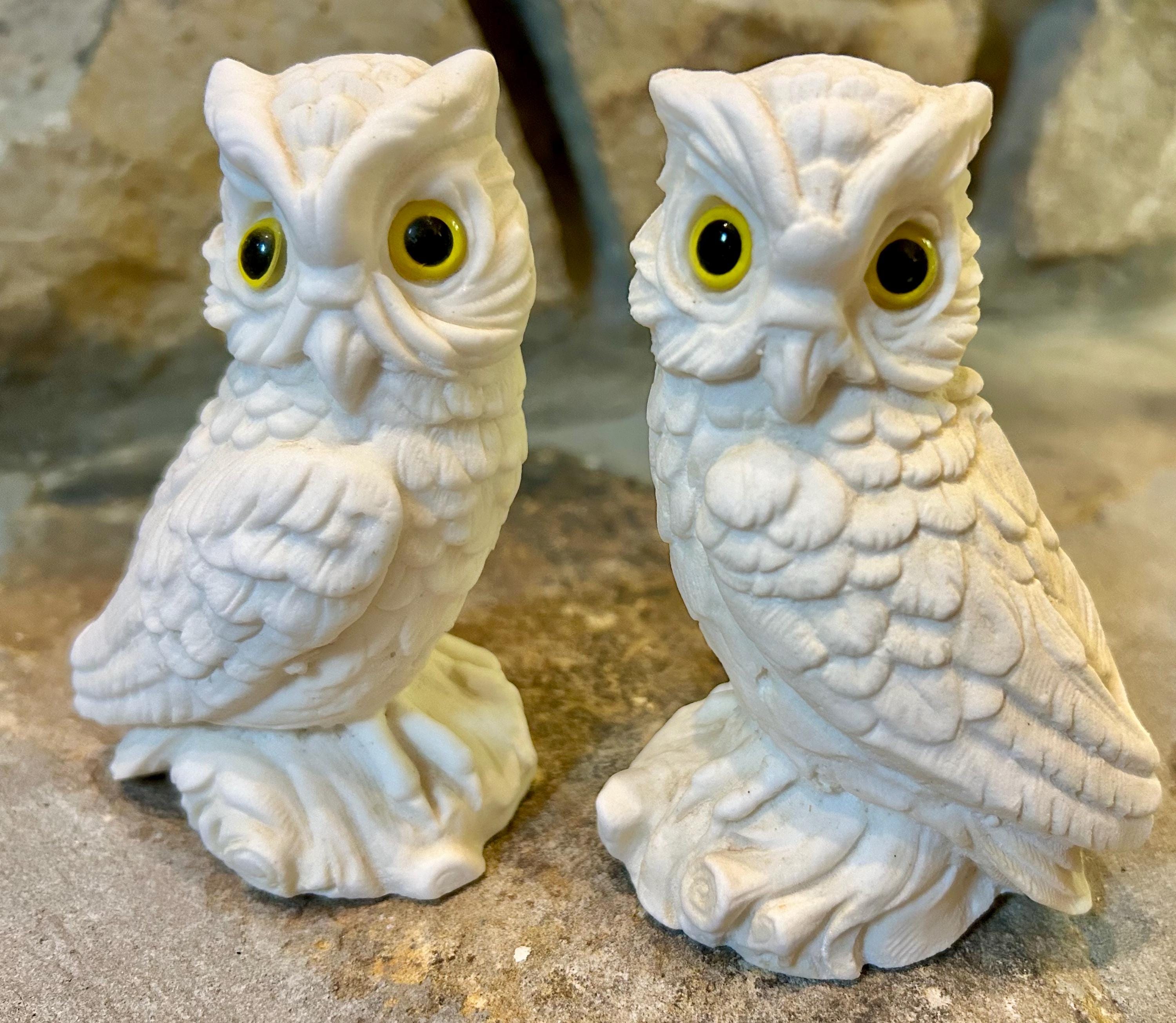 Vintage Italian Alabaster Owls, Set of Two, Stamped Italy, 1970s, Excellent Condition, Heavy, Gifts
