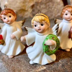 Vintage 1982 Porcelain Christmas Angel Ornaments, Set of 3, 1980s Christmas, Vintage Angels, Three Angels, Gifts for Angel Lovers, Homco