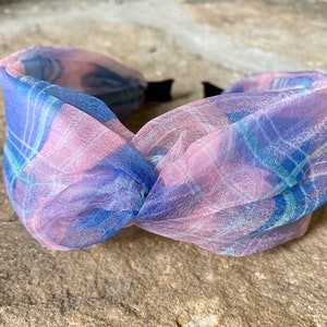 Wide Twist Headband, Pink and Blue Plaid Headband, Chiffon Headbands, Headband for Adults, Erin Style Headband, Hair Fashion Trends