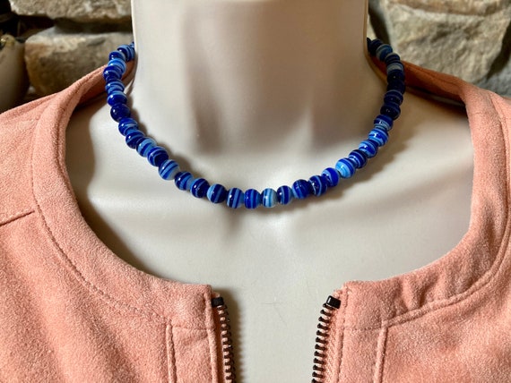 Blue Glass Choker Necklace - Glass Bead Choker - … - image 6