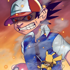 Könnte beinhalten: Eine Cartoon-Illustration eines jungen Menschen mit roten Augen und einem entschlossenen Ausdruck. Er trägt eine rot-weiße Baseballkappe, eine blaue Weste und ein weißes Hemd. In seiner linken Hand hält er einen rot-weißen Pokéball. Ein gelber Pikachu fliegt hinter ihm, trägt eine braune Weste und hält zwei Schwerter.