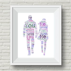 Engagement Gift Personalised Word Art, Personalised Illustration of A Couple, Customised Word Art, Printable Word Cloud, Wedding Gift Print