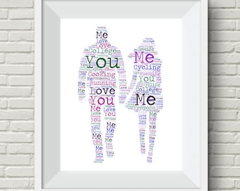 Engagement Gift Personalised Word Art, Personalised Illustration of A Couple, Customised Word Art, Printable Word Cloud, Wedding Gift Print