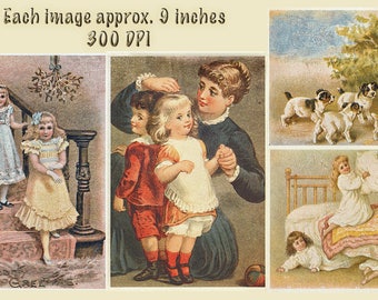 DIGITAL Vintage Greeting Cards, Digital Collage sheets, 4 LARGE files Printable Download,  Vintage ephemera restored, puppies child images