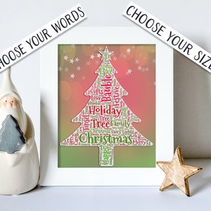 Art de mot personnalisé de vacances, nuage de mot personnalisé de Noël imprimable, arbre de Noël imprimable, art mural festif, décor de Noël rouge Word Art de vacances