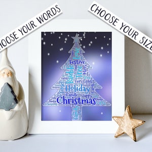 Christmas Custom Word Art, Printable Holiday Custom Word Cloud, Xmas Tree printable, Festive wall art, Holiday Word Art Blue Christmas Decor