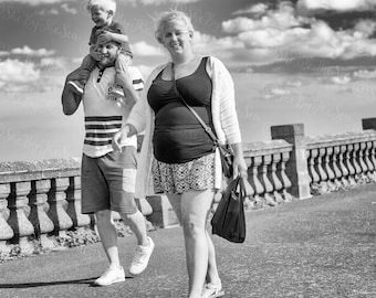 Street Urban photography, Black & White print, Happy young family on promenade beach, Fine art print, original photo artwork, wall decor,