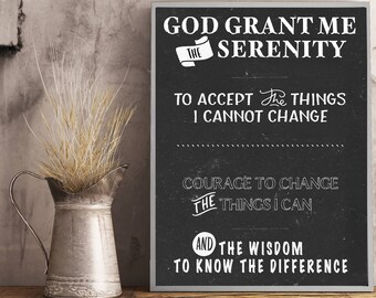Serenity Prayer Printable, Chalkboard Serenity Prayer Blackboard Art, Serenity Prayer Digital Print, Alcoholics Anonymous, AA NA OA Prayer