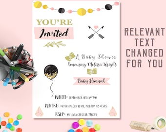 Baby Shower Invitation, Personalised Girl baby shower Invite, Digital Printable, Gold & Blush elegant theme, customised baby shower invite