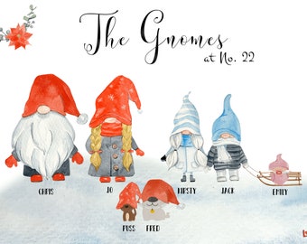 Personalised Xmas Gnome Family Print, Custom Gnomes Physical Digital, Character Family Artwork, Christmas Gift sent for free within the UK