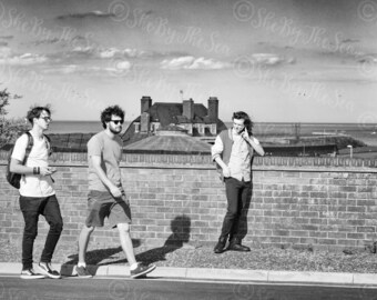 Black & White Candid Street Urban photography, young men on phone, British seaside, Fine art print, original photo artwork, wall decor,