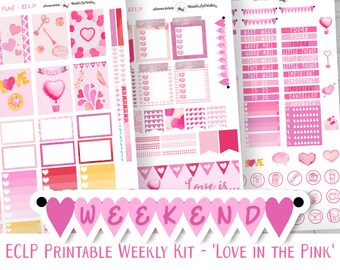 Romance Printable Planner Stickers, Pink Erin Condren, ECLP Weekly Sticker Kit, Romantic 'Love in the Pink', Planner Sticker Kit, Cut File