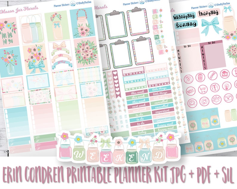 Mason Jar Planner Sticker Kit Erin Condren, Ausdruckbare Planner Sticker, ECLP Weekly Sticker Kit, Mason Jars & Floral Printable Kit, Cut File Bild 1