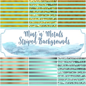 Mint & Gold Backgrounds, Mint Striped Papers Pack, Rose Gold Digital Paper, Sparkle Striped Papers, Silver Collage Paper, Commercial Use