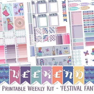 ヒッピーヒップスター「フェスティバルファンタジー」印刷可能なプランナーキット、ECウィークリーステッカーキット、コンドレンバーティカル、プランナーステッカー、フリーカットファイル