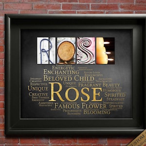 May include: A black framed print with a gold background and the word "ROSE" in large gold letters. The letters are made up of different images, such as a rope, wood, and a candle. Below the word "ROSE" are a list of words describing the qualities of a rose, such as "energetic", "enchanting", "beloved", "unique", "fragrance", "beauty", "spirited", and "blooming".