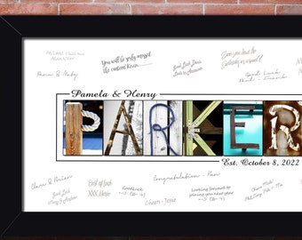Ideias únicas para livro de assinaturas de casamento, placa de livro de assinaturas com fotos, arte fotográfica personalizada com sobrenome e nome.