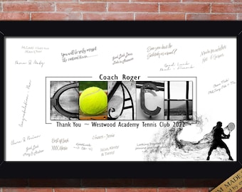 Signe de tennis pour l’entraîneur de tennis Cadeau de remerciement pour que les joueurs du club signent le cadeau de remise de prix de présentation du tournoi de tennis Livre d’or imprimable