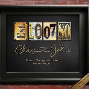 May include: A black framed print with gold lettering. The print features the text "Est. 1970" with the numbers in a vintage style. Below the date, the names "Chris" and "John" are written in cursive with a heart symbol between them. The text "Forty Five years down Forever to go..." is written below the names.