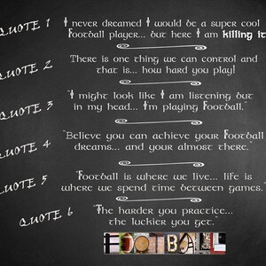 Może przedstawiać: Czarna tablica z napisami kredą, sześć inspirujących cytat&oacute;w o piłce nożnej. Cytaty są ponumerowane od 1 do 6. Słowo "FOOTBALL" jest napisane kolorowymi literami na dole tablicy.
