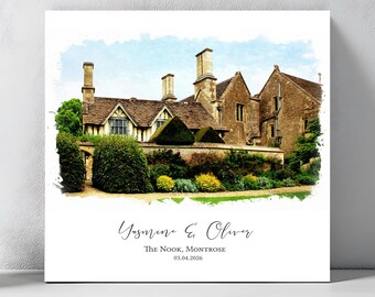 1st Anniversary Gift Wedding Venue Portrait Print, Couples Bespoke Watercolor from Wedding Photo