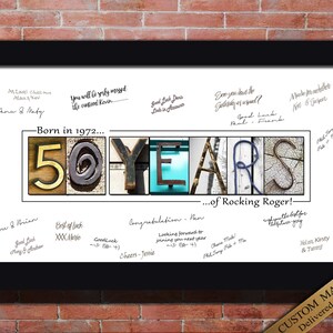 Personalized 50th Birthday Gift for family and friend guests at 50th birthday to sign. choose your 50th birthday quote. 50 YEARS printable wall art sign.