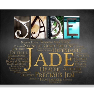 May include: A gold and black typography art print with the name "JADE" in large letters. The letters are surrounded by a word cloud of positive personality traits, including "peacemaker", "stone of good fortune", "healer", and "precious jem".