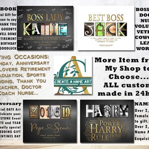Op de afbeelding: Een collage van afbeeldingen die gepersonaliseerde naamkunst laten zien, met verschillende ontwerpen en lettertypen. De afbeeldingen omvatten een ​​schoolbord met de tekst "Boss Lady" en een naam, een bord met de tekst "Best Boss" en een naam, een bord met de tekst "Boss's Day" en een lijst met titels, een bord met de tekst "Create a Name Art" en een letter A met groen, een bord met de tekst "Anniversary" en een datum, een bord met de tekst "Harry" en een lijst met woorden, en een bord met de tekst "Name Art" en informatie over het product.