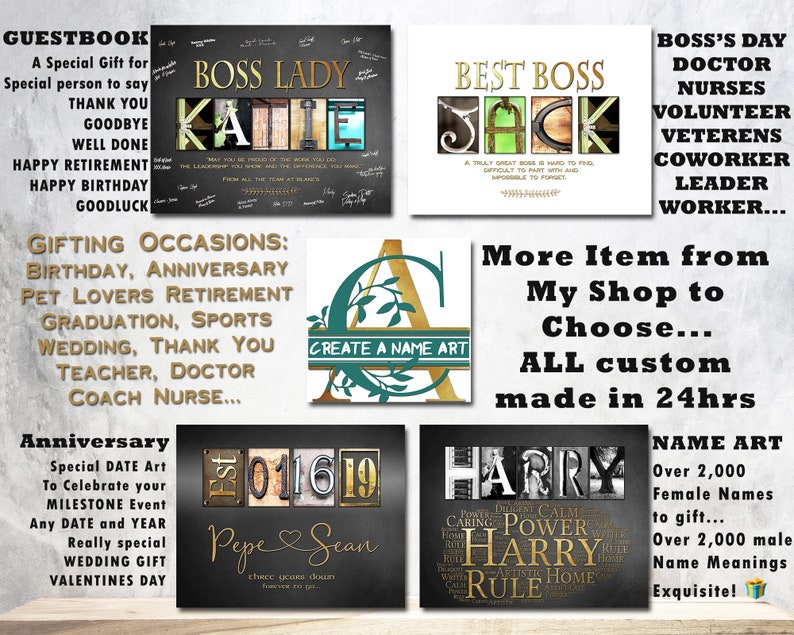 Op de afbeelding: Een collage van afbeeldingen die gepersonaliseerde naamkunst laten zien, met verschillende ontwerpen en lettertypen. De afbeeldingen omvatten een ​​schoolbord met de tekst "Boss Lady" en een naam, een bord met de tekst "Best Boss" en een naam, een bord met de tekst "Boss's Day" en een lijst met titels, een bord met de tekst "Create a Name Art" en een letter A met groen, een bord met de tekst "Anniversary" en een datum, een bord met de tekst "Harry" en een lijst met woorden, en een bord met de tekst "Name Art" en informatie over het product.