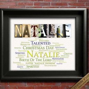 May include: A personalized name art print featuring the name "Natalie" in a colorful, layered design. The name is surrounded by words describing positive character traits, such as "talented", "spirited", and "trustworthy". The words are arranged in a word cloud style, with larger words representing more prominent traits. The print is framed in a black frame and has a white background.