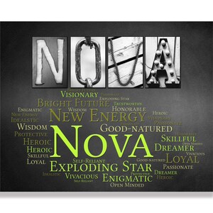 May include: Black and white image of the name "NOVA" spelled out with different letters. Each letter is surrounded by a word cloud of positive adjectives, such as "bright future", "visionary", "new energy", "good-natured", "exploding star", "self-reliant", "enigmatic", "dreamer", "loyal", "heroic", "skillful", "passionate", "trustworthy", "honorable", "protective", "idealistic", "vivacious", and "open-minded".
