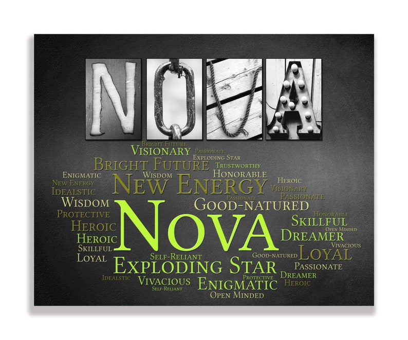 May include: Black and white image of the name "NOVA" spelled out with different letters. Each letter is surrounded by a word cloud of positive adjectives, such as "bright future", "visionary", "new energy", "good-natured", "exploding star", "self-reliant", "enigmatic", "dreamer", "loyal", "heroic", "skillful", "passionate", "trustworthy", "honorable", "protective", "idealistic", "vivacious", and "open-minded".