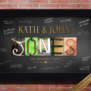 Może przedstawiać: Czarna, oprawiona tablica z napisem "KATIE & JOHN JONES" w kolorze złotym, ozdobiona dekoracyjnymi metalowymi literami. Tablica jest podpisana różnymi wiadomościami i nazwiskami. Data "Est. December 1, 2023" jest zapisana pod nazwiskami.