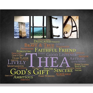 Puede incluir: Una impresión de arte de nombre personalizado con el nombre "THEA" en letras grandes de color púrpura. Las letras están rodeadas de una nube de palabras de adjetivos positivos, que incluyen "Amigo fiel", "Buen oyente", "Valiente y verdadero", "Don de Dios" y "Ambicioso".