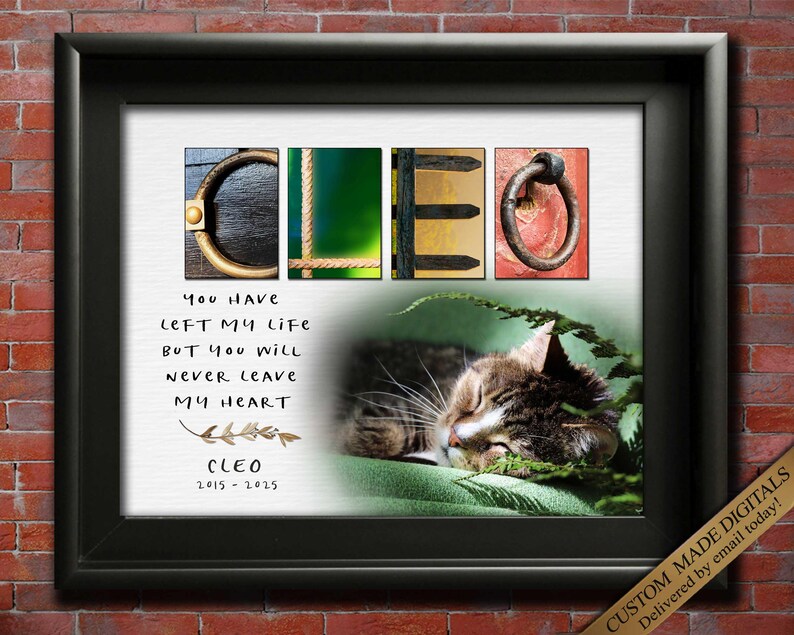 cat memorial gift with meaningful quote and pet portrait photo