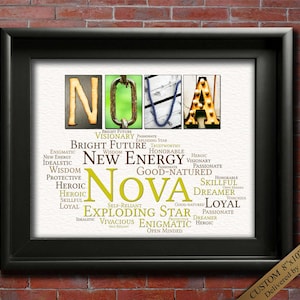 May include: A printable 8x10 inch digital download of a word art design featuring the name "NOVA" in large letters with a word cloud of positive adjectives surrounding the letters. The words include "bright future", "new energy", "visionary", "exploding star", "good-natured", "heroic", "skillful", "dreamer", "loyal", "passionate", "trustworthy", "enigmatic", "idealistic", "wisdom", "protective", "self-reliant", "vivacious", "open-minded".