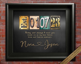 Op de afbeelding: Een zwart ingelijst afdruk met een gouden achtergrond en de tekst "Est. 010723" in gouden en zwarte letters. De tekst "Today and always I need you beside me as my best Friend, lover and Forever soulmate." staat in witte letters onder de datum. De namen "Nina" en "Jason" staan in gouden letters onder de tekst.