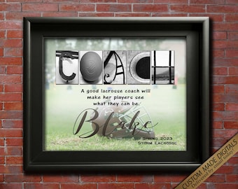May include: Black and white photo of a lacrosse coach's name spelled out with photos. The word "COACH" is spelled out with photos of a lacrosse stick, a lacrosse ball, a lacrosse net, and a lacrosse field. The name "Blake" is written in cursive below the word "COACH". The text "A good lacrosse coach will make her players see what they can be." is below the word "COACH". The text "SPRING 2023 STORM LACROSSE" is below the name "Blake".