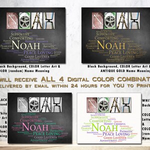 May include: Four digital art prints of the name Noah with different color combinations. The name is spelled out with each letter in a different style. The background is black, white, or gray. The name meaning is displayed in a word cloud below the name. The word cloud includes words like supportive, comforting, honest, cheerful, fearless, patriotic, peace loving, good listener, and adventurous.