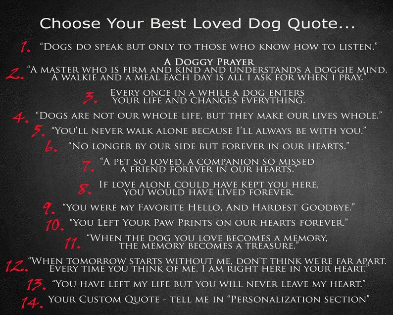 May include: A black and white image with a list of 14 quotes about dogs. The quotes are numbered 1 through 14. The quotes are about the love and companionship of dogs. The last quote is a custom quote that the user can personalize.