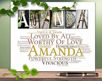 Puede incluir: Un fondo blanco con el nombre "Amanda" escrito en letras grandes y decorativas. Cada letra es una imagen diferente de madera, metal o piedra. Debajo del nombre hay una nube de palabras con adjetivos positivos que describen el nombre Amanda, como "poderoso", "virtud", "vigor", "amado", "digno", "honorable", "heroico", "resistente", "divertido", "fuerte", "cálido", "amigable", "fuerza", "espíritu libre", "sorprendente", "buena naturaleza", "amado", "trabajador", "vivaz", "inspirador".