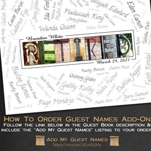 May include: A white background with black handwritten text listing names in a circular pattern around a rustic wooden sign that reads "RET" in black letters. The sign is made of weathered wood with a rope tied around it. The date "March 29, 2021" is written below the sign. The text "How To Order Guest Names Add-On" is written in black at the bottom of the image. Below the text is a link to an Etsy shop.