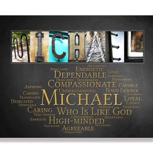 Unique Letter Art Michael Name Meaning Wall Sign Printable Mike Mick Micky. Most popular boys names.