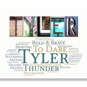 May include: A personalized name art print with the name "Tyler" in large, rustic letters. The letters are made of different materials, including wood, metal, and brick. The print features a word cloud of positive adjectives and phrases associated with the name, such as "bold and brave", "to dare", and "peacemaker".