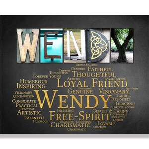 May include: A black and gold typography art print with the name "Wendy" spelled out in large letters. The letters are surrounded by a word cloud of positive adjectives describing the name, such as "loyal", "thoughtful", "inspiring", and "charismatic".