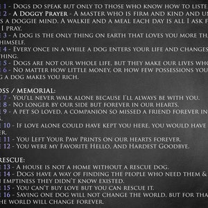 Pu&ograve; includere: Un'immagine in bianco e nero con una serie di citazioni sui cani. Le citazioni sono divise in tre sezioni: "Citazione 1 - Citazione 6", "Perdita di un animale domestico / Memoriale: Citazione 7 - Citazione 12" e "Salvataggio dei cani: Citazione 13 - Citazione 16".
