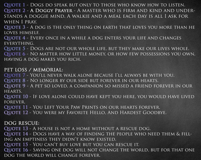 Pu&ograve; includere: Un'immagine in bianco e nero con una serie di citazioni sui cani. Le citazioni sono divise in tre sezioni: "Citazione 1 - Citazione 6", "Perdita di un animale domestico / Memoriale: Citazione 7 - Citazione 12" e "Salvataggio dei cani: Citazione 13 - Citazione 16".