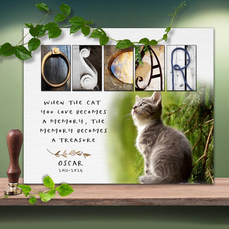 Cat memorial gift with meaningful quote and pet portrait photo
