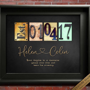 May include: Framed black wall art with the words "Est. 01 04 17" in a vintage style. The names "Helen & Colin" are written in gold script, with a quote about love. The art is displayed on a brick wall.